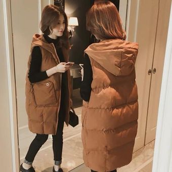 Chaleco de algodón con capucha para mujer abrigo de invierno largo suelto Chalec（#Caramel Vest） 