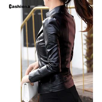 abrigo ajustado con Cashiona-Chaqueta de cuero sintético para mujer 