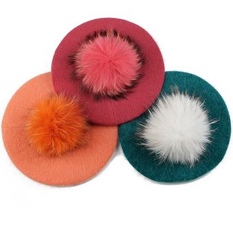 boina ligera de lana para mujer  sombrero femenino con pompón de piel de mapache  boina Retro  sombrero panadero para dama  sombreros elegantes cálidos de invierno   black white 