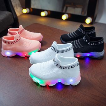 LED Luminoso niños bebé niñas muchachos Malla de malla calcetines deportes correr zapatillas zapatos casuales-Negro 