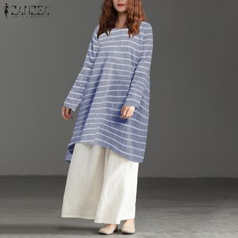 Azul Manga larga de las mujeres ZANZEA camisas rayadas de floja ocasional irregular del dobladillo de la blusa superior del tamaño extra grande 