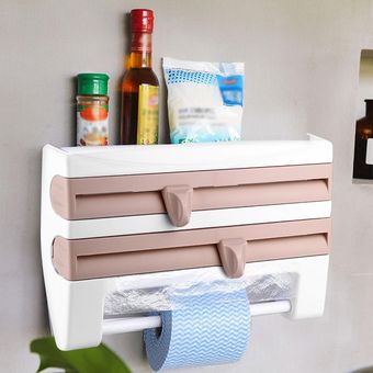 Wall-Mount Sauce Bottle Storage Rack Paper Towel Holder Preservative Film Dispenser Khaki 