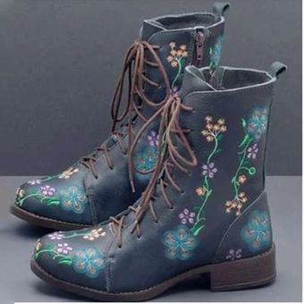 botas de piel sintética con Botines bordados con flores para mujer 