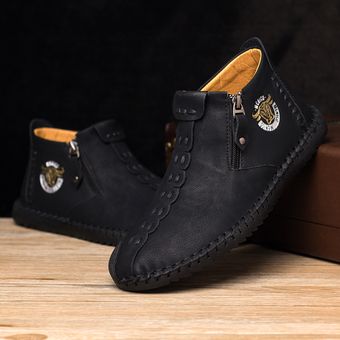 Amarillo secundarios cuero de los hombres de la mano de costura de la vendimia de microfibra con cremallera cómodo suave del tobillo botas de bota zapatos casuales clásicas Zapatos viejos 