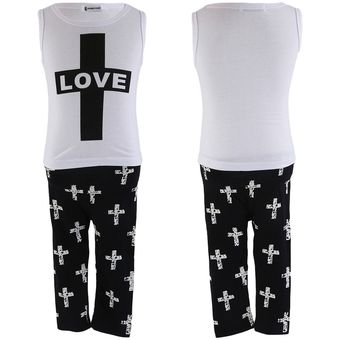 Camisas sin mangas impresas de niña para niños Tops con pantalones traje de pantalones en blanco y negro 