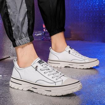Zapatos casuales con cordones bajos para hombre Zapatillas de deporte casuales de cuero de alta calidad Blanco 