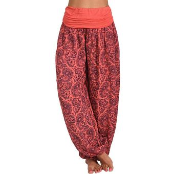 Pantalones largos de harem holgado de pierna ancha de yoga hippie para mujer Rojo 