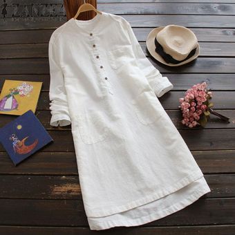 ZANZEA superior largo de la blusa sólido camisa de de mujer de manga larga bolsillos Botones vestido -Blanco | Linio México - ZA184FA09J2XDLMX
