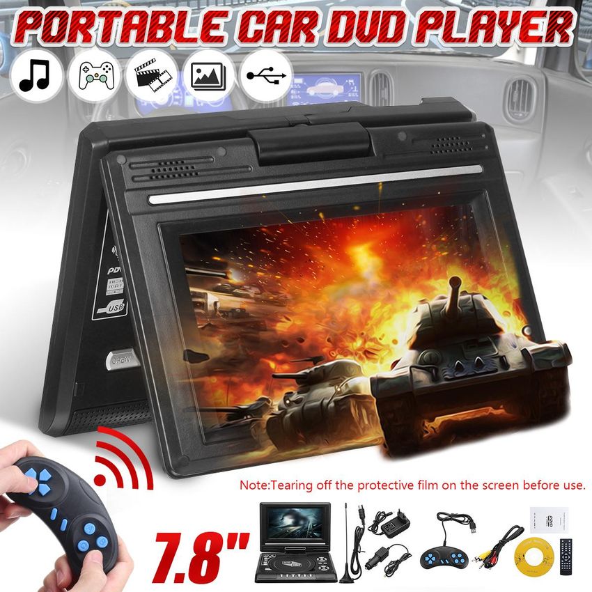 7.8 '' portátil coche TV Reproductor de CD Reproductor de DVD 270 ° Pantalla de juego palanca de mando de control remoto-Black