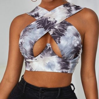#Sky blue Top corto entrecruzado sin mangas para mujer,camiseta sin mang.. 