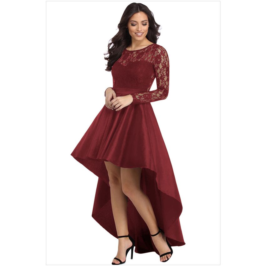 Vestidos de fiesta elegantes Vestido formal Vestido largo de encaje de manga larga para mujer vino rojo