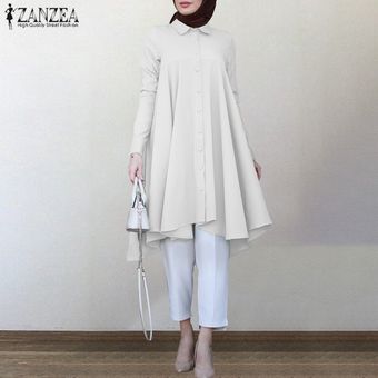 Botón ZANZEA Mujeres Musulmanas de manga larga Camisa floja ocasional remata la blusa Blanco 