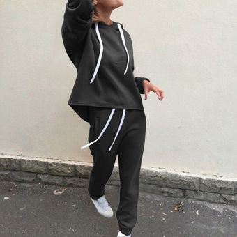 otoño traje de deporte de chándal de las mujeres de manga larga a rayas corriendo conjunto Conjunto de Jogging pantalones de sudor 2 uds Ropa Deportiva Femenina #StyleD Black 