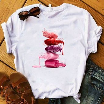 Camiseta para mujer bonita camiseta estampada a la moda con pintura de uñas en 3D y colores ca HON 