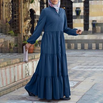 Azul ZANZEA Muslimah Mujeres sólido botón largo de la manga de soplo de niveles volantes Hem Cierre vestido maxi 