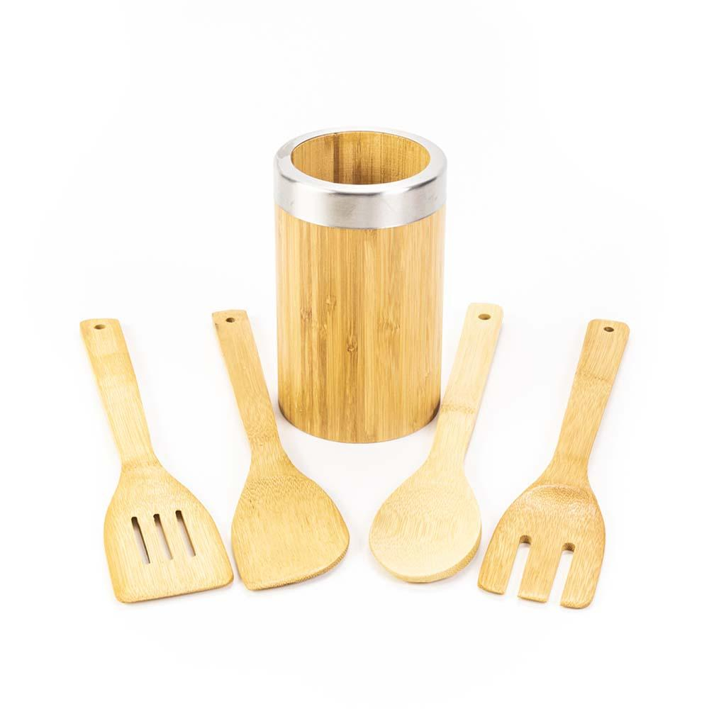Juego de 4 utensilios de cocina de bambú con soporte
