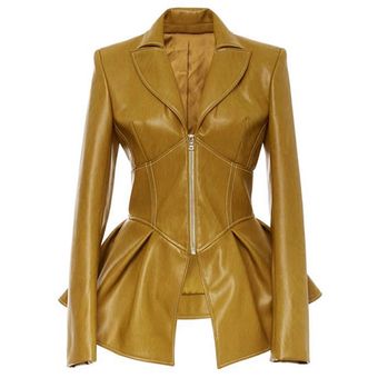 Chaqueta de piel sintética para mujer abrigo largo de cuero amarill 