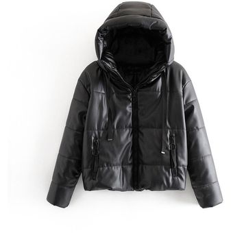 chaqueta grue Abrigo negro de piel sintética con capucha para mujer 