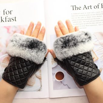 Guantes De Medio Dedo De Cuero Para Mujeres Pelo De Conejo 