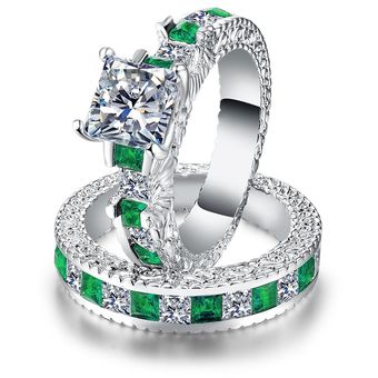 2021 Green Blue Princess Marriage Ring Set Lady Anniversary 