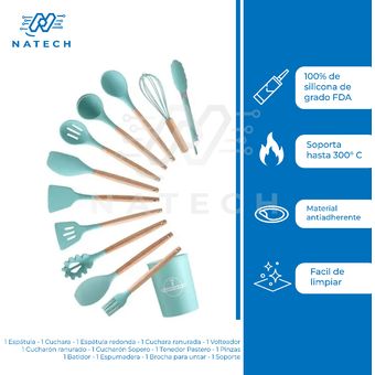 Set 12 Utensilios Cocina Silicona Resistente Calor Juego Verde Menta