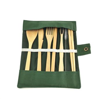 utensilios portátiles de madera para exteriores con cepillo de dientes ecológico juego de cubiertos de Bambú WAN Juego de cubiertos de viaje de bambú 1254 