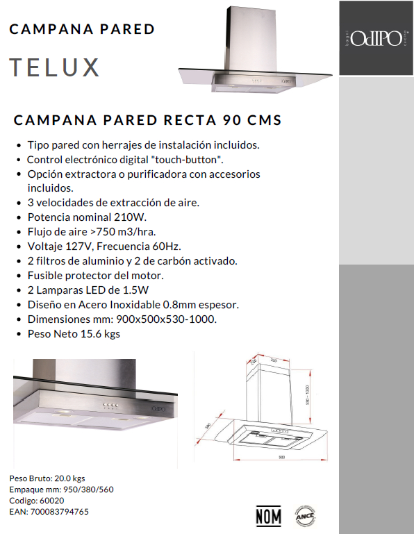Campana Telux 90cms Cristal Recto Tipo Pared Control Eléctrico