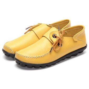 Tamaño de la manera US 5-12 mujeres atan para arriba los zapatos de piel suave cómodo zapatos de los planos de los holgazanes de barcos Amarillo 