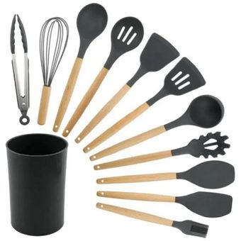 Set de utensilios para cocina en silicona con mango de madera 12