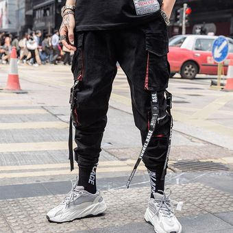 #9 Pantalones deportivos de estilo Hip-Hop para hombre,ropa de calle informal,harén,con cinta multibolsillo,color negro 