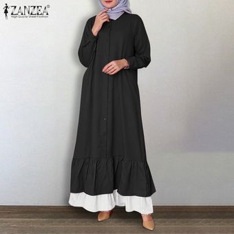 ZANZEA Mujeres Musulmanas Jilbab Kaftan Encuadre de cuerpo entero Botones Abajo suelta camisa de vestir de Maxi Plus Camafeo 