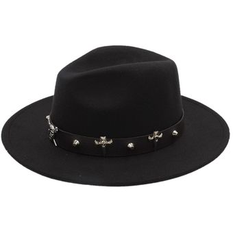 campana para iglesia ala ancha cinturón con pirata Sombrero de fieltro para hombre de lana de color negro gorra de Jazz padrino talla 56-58cm WAN（#Black） 