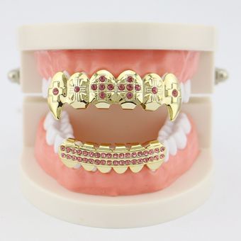 Dientes de dientes de color oro Hip Hop Top e inferiores dientes de la parrilla de la moda del diente de metal 