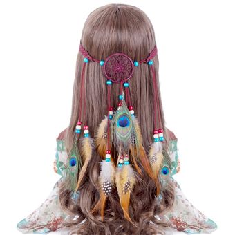 Haimekang diadema Hippie Bohemia pluma de pavo real de moda diademas para el cabello Accesorios tocado atrapasueños de plumas 
