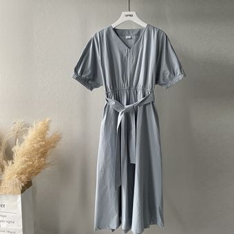 vestido blanco de algodón con mangas abullonadas para mujer  vestido Midi de verano de manga corta 