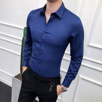Alta calidad camisa manga larga para hombre de negocios #Navy Blue 