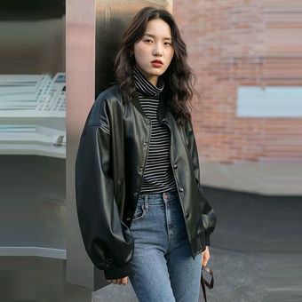 abrigo holgado coreano para estu Chaqueta de cuero negro para mujer 