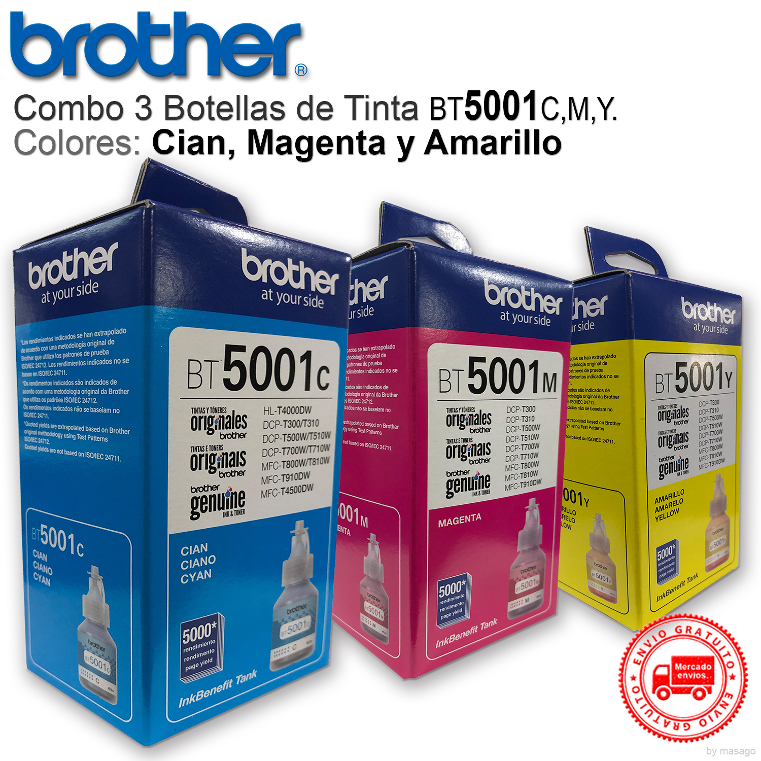 Combo 3 Botella Tinta Brother 1 BT5001c 1 BT5001m 1 BT5001y Originales