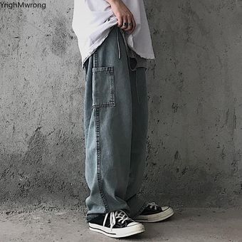 #1 estilo Hip Hop WAN Pantalón vaquero liso Vintage holgado de cintura alta con bolsillo lateral para hombre y mujer ropa de calle Harajuku de gran tamaño 