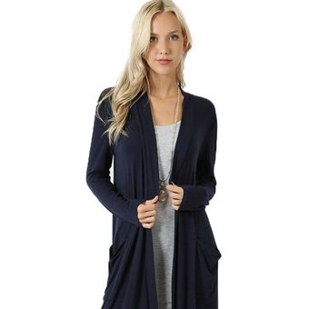 Cárdigan de punto larga con frente abierto para mujerChaqueta abrigo con bolsillo casual Azul 