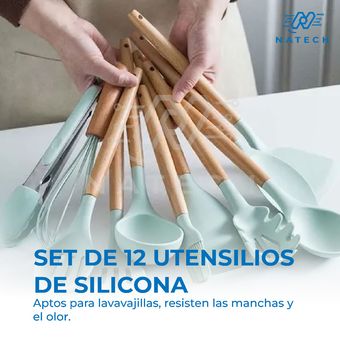 Set 12 Utensilios Cocina Silicona Resistente Calor Juego Verde Menta