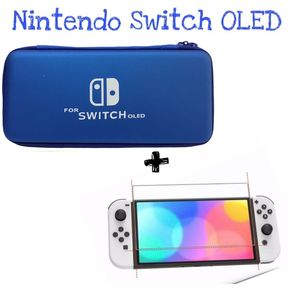 Estuche Rigido Viaje + Vidrio Templado Nintendo Switch Oled Azul