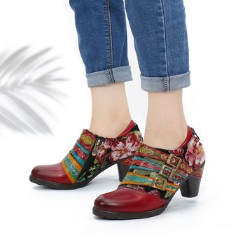Rojo SOCOFY tobillo de las mujeres botas de tres colores de la hebilla de la correa de la flor de la Gracia de bloque de tacón Zapatos 