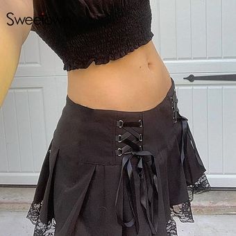 minifaldas de Sweetown-Falda plisada gótica con cordones para mujer 