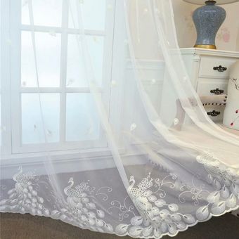 Rosa bordado con diseño de pavo real diseño blanco tul cortinas para 