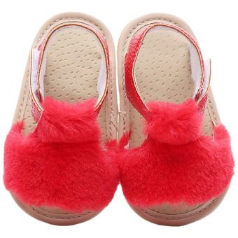 Sandalias con peluche para recién nacido antideslizantes sencillas de Color sólido suela suave cómodas con gancho de bucle 