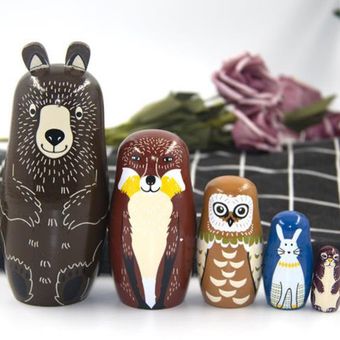 Rusia historieta de Brown del oso de cinco capas Matryoshka Negro Grande del oso artesanía de madera 
