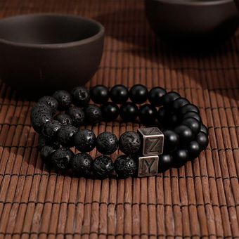Pulsera De Perlas De Lava Flexible Hombres Retro Iniciales 
