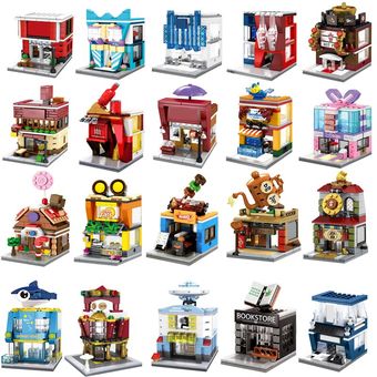 Mini de la calle de la ciudad una serie de barbacoa Pizza tienda de bebidas librería de tienda de venta al por menor edificio de ladrillos niños DIY Juguetes HON 
