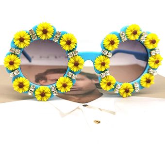 Gafas de sol redondas para niños con diseño de flores de cristal a la moda pequeñas anteojos de sol infantiles con diamantes de colores 